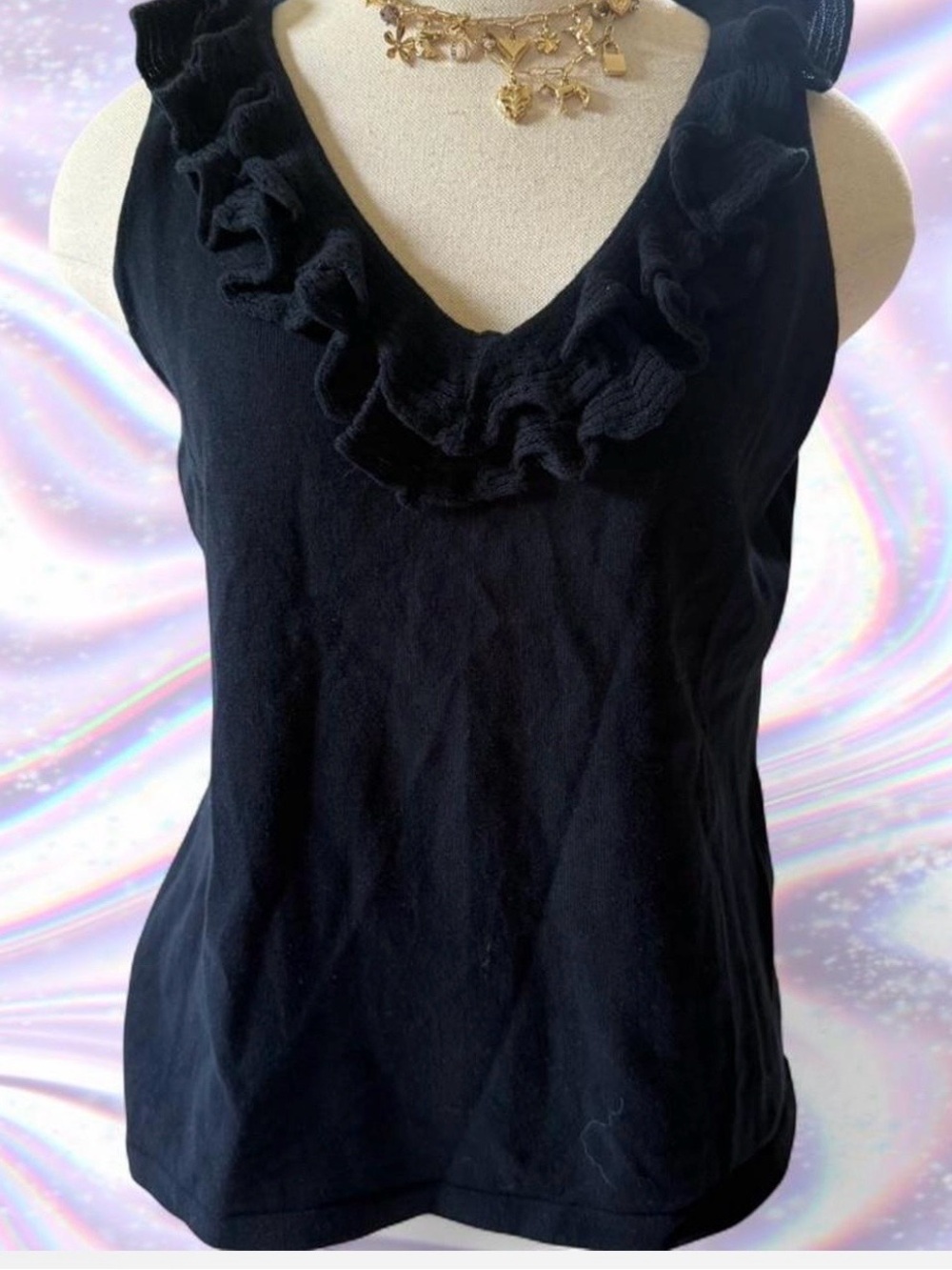 Chaps Navy Ruffle V-Neck Tank Top
